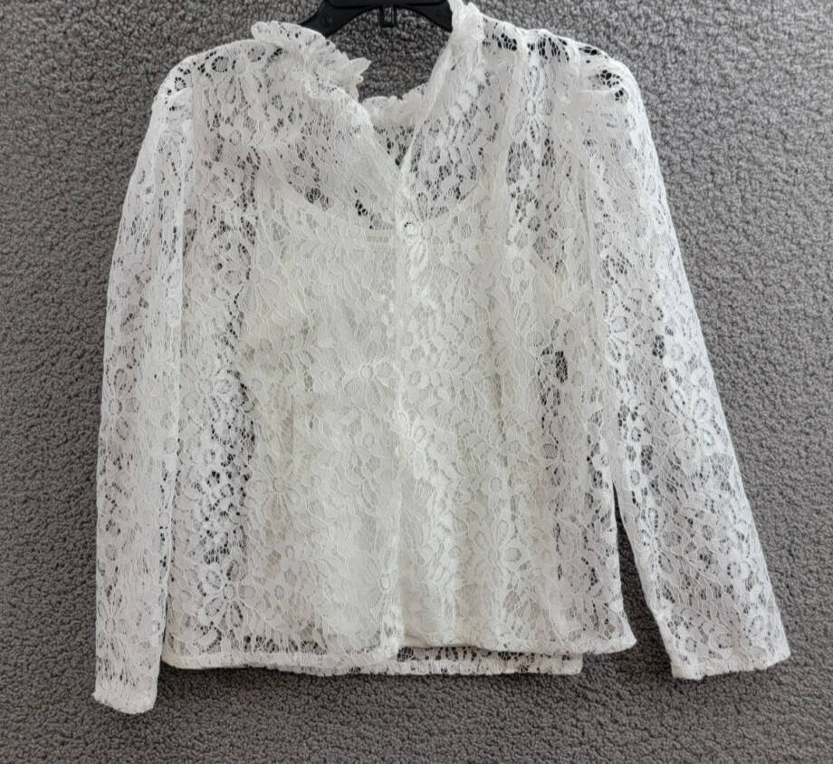 KOKO + MASON Long Sleeve Lace Top Women's S White Ruffled Button Back Closure
