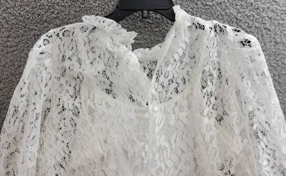 KOKO + MASON Long Sleeve Lace Top Women's S White Ruffled Button Back Closure