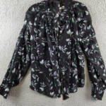 Gracia Floral Button Front Blouse Women's M Black Multi Shirred Long Sleeve