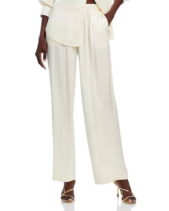 WAYF Fynn Satin Wide Leg Pants Women's S Cream Elastic Waist Pull On Styling~