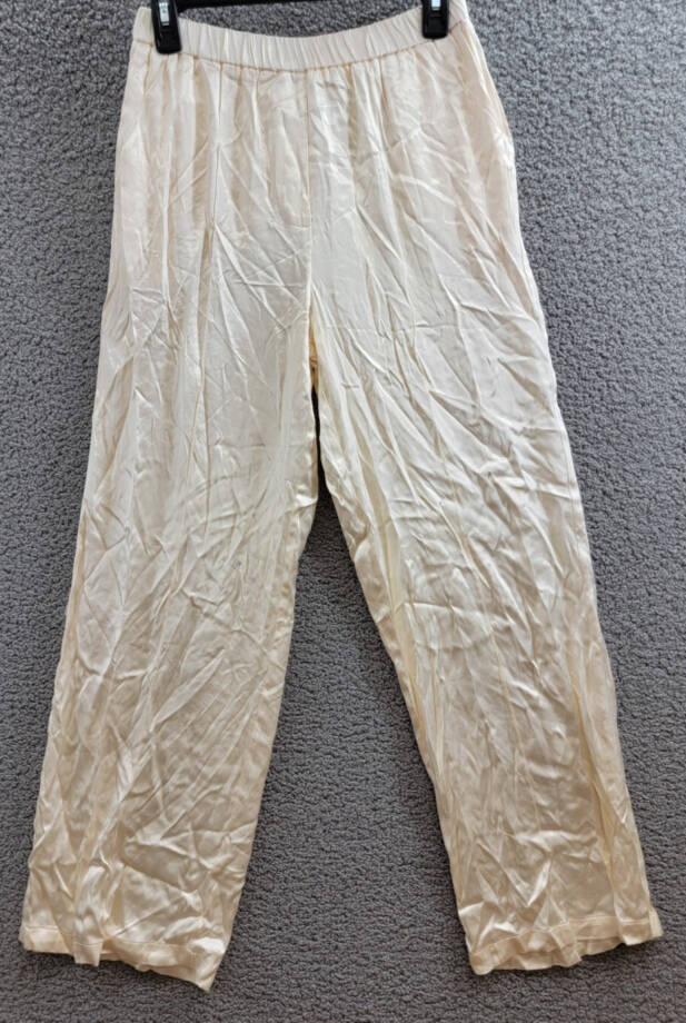 WAYF Fynn Satin Wide Leg Pants Women's S Cream Elastic Waist Pull On Styling~