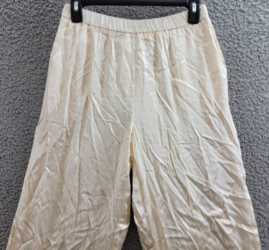WAYF Fynn Satin Wide Leg Pants Women's S Cream Elastic Waist Pull On Styling~