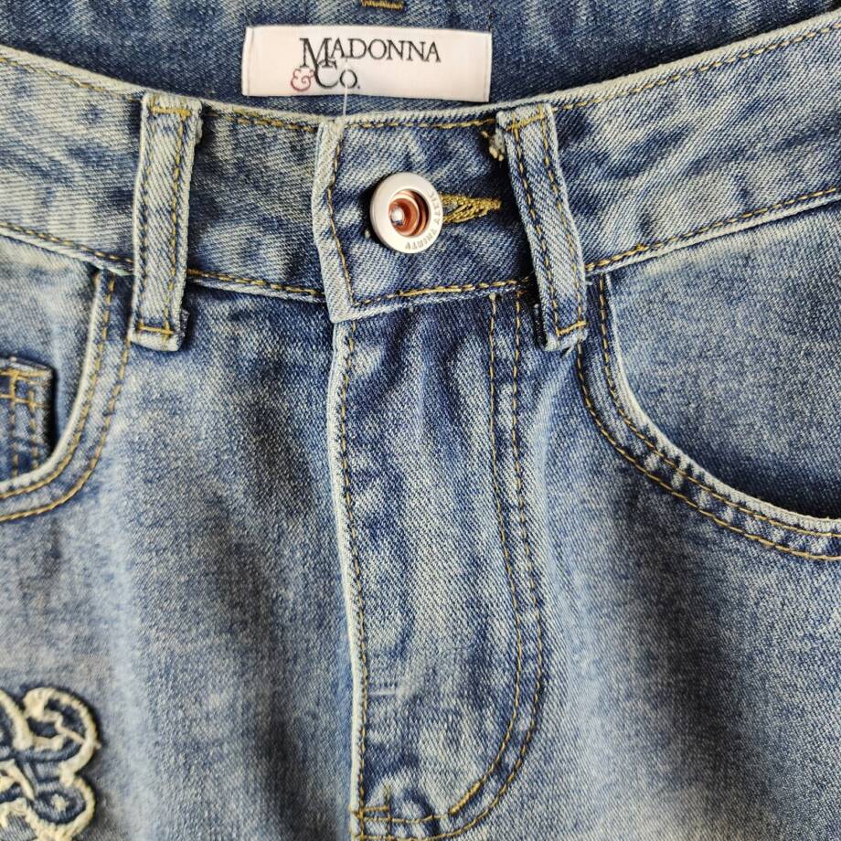 Madonna & Co Denim Mini Skirt Womens S Light Wash Embroidered Button Zip Closure