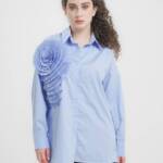 By Nancy Accordion Flower Shirt Women's M Blue Front Button Closure Long Sleeves