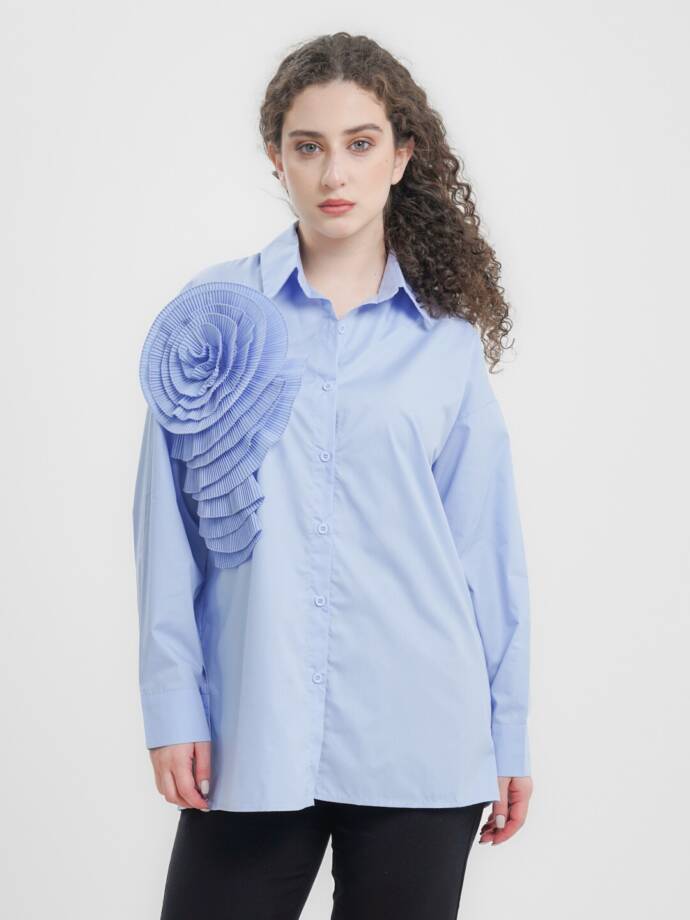 By Nancy Accordion Flower Shirt Women's M Blue Front Button Closure Long Sleeves
