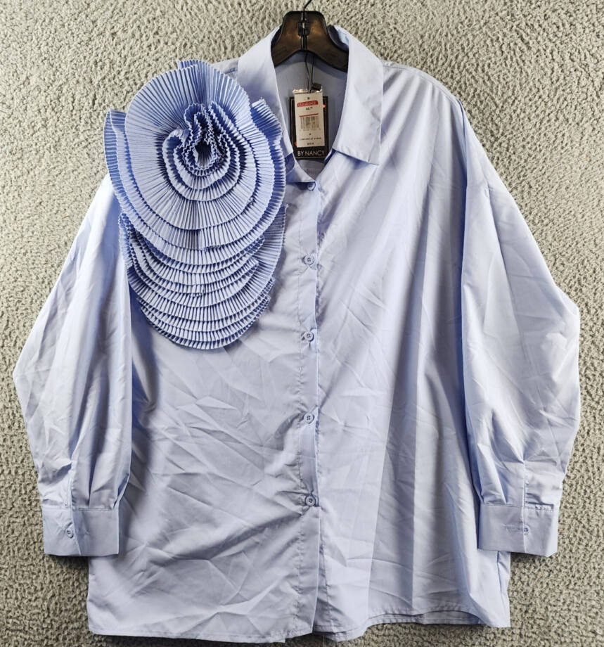 By Nancy Accordion Flower Shirt Women's M Blue Front Button Closure Long Sleeves