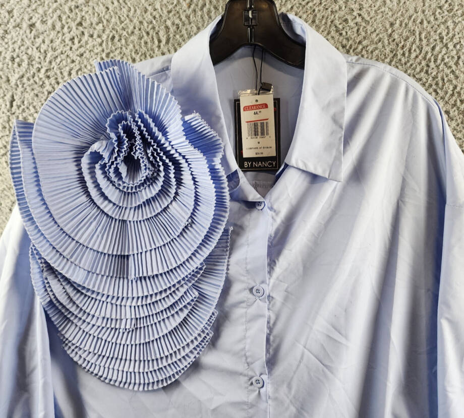 By Nancy Accordion Flower Shirt Women's M Blue Front Button Closure Long Sleeves