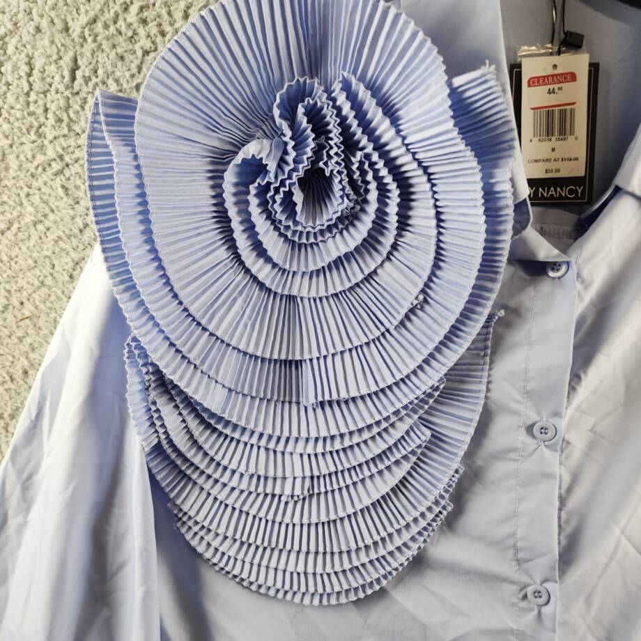 By Nancy Accordion Flower Shirt Women's M Blue Front Button Closure Long Sleeves