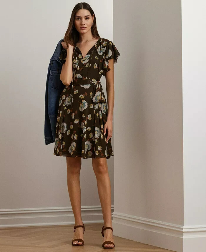Lauren Ralph Lauren Petite Floral Flutter-Sleeve Dress Women's 10P Brown Multi