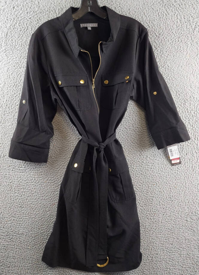 Sharagano Belted Shirt Dress Women's 14 Black Front Zipper Closure W/ Pockets
