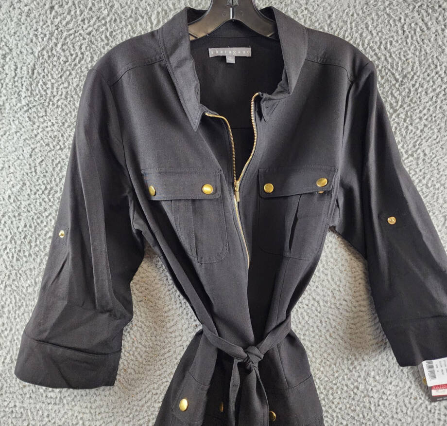 Sharagano Belted Shirt Dress Women's 14 Black Front Zipper Closure W/ Pockets