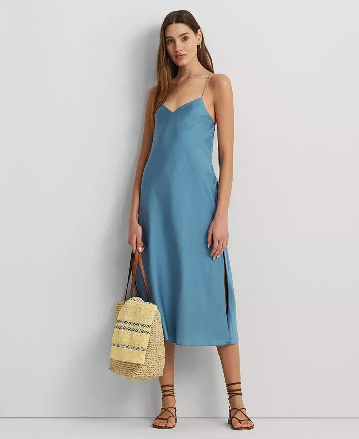 Lauren Ralph Lauren Satin Charmeuse Slip Dress Women's 16 Pale Azure Pullover