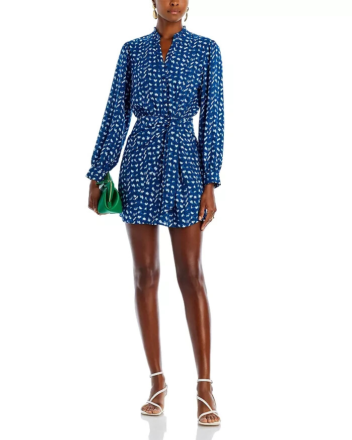 AQUA Printed Faux Wrap Dress Women's S Blue/White Long Sleeve Button Closure