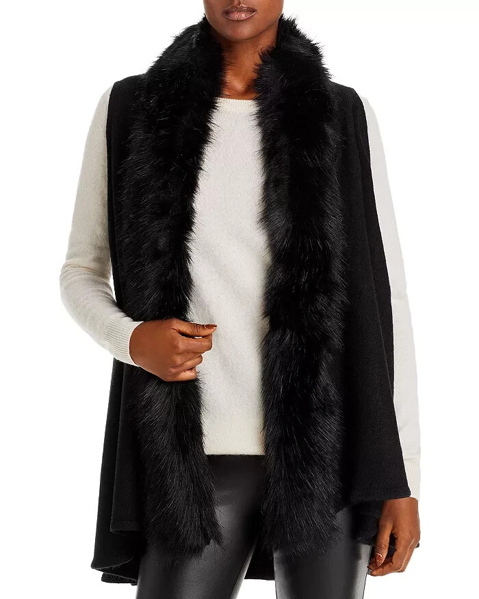 Surell Faux Fur Trimmed Knit Vest Women's One Size Black Shawl Collar Hook & Eye