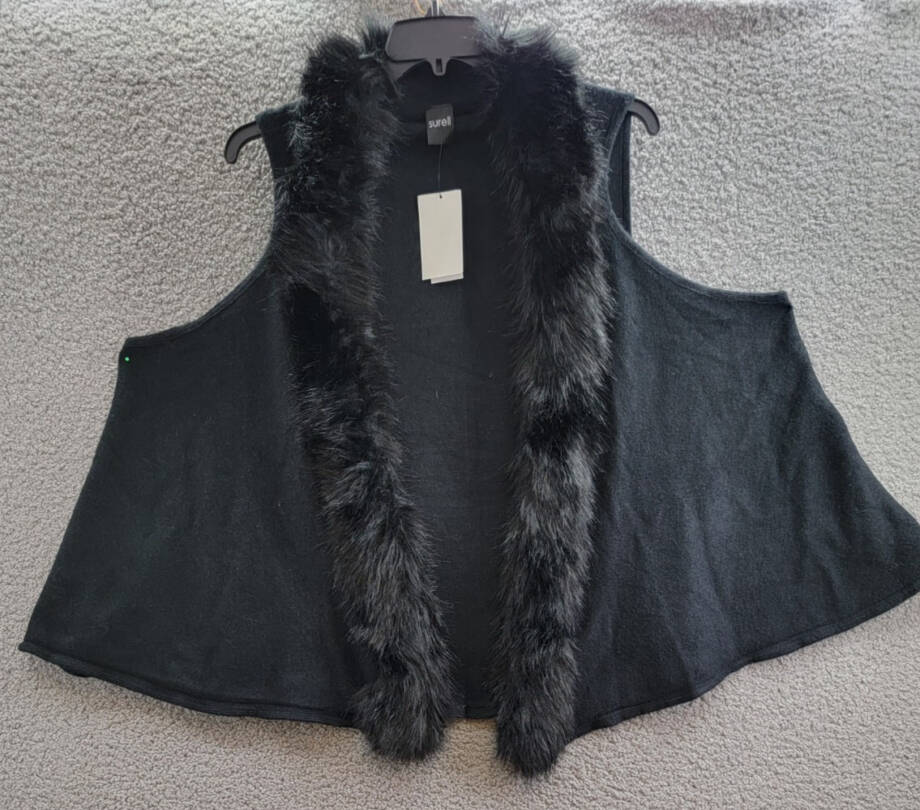 Surell Faux Fur Trimmed Knit Vest Women's One Size Black Shawl Collar Hook & Eye