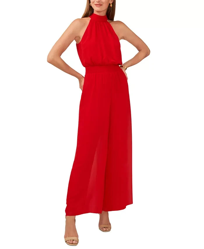 Vince Camuto Halter Tie-Back Wide-Leg Jumpsuit Women's L Ultra Red Back Zip