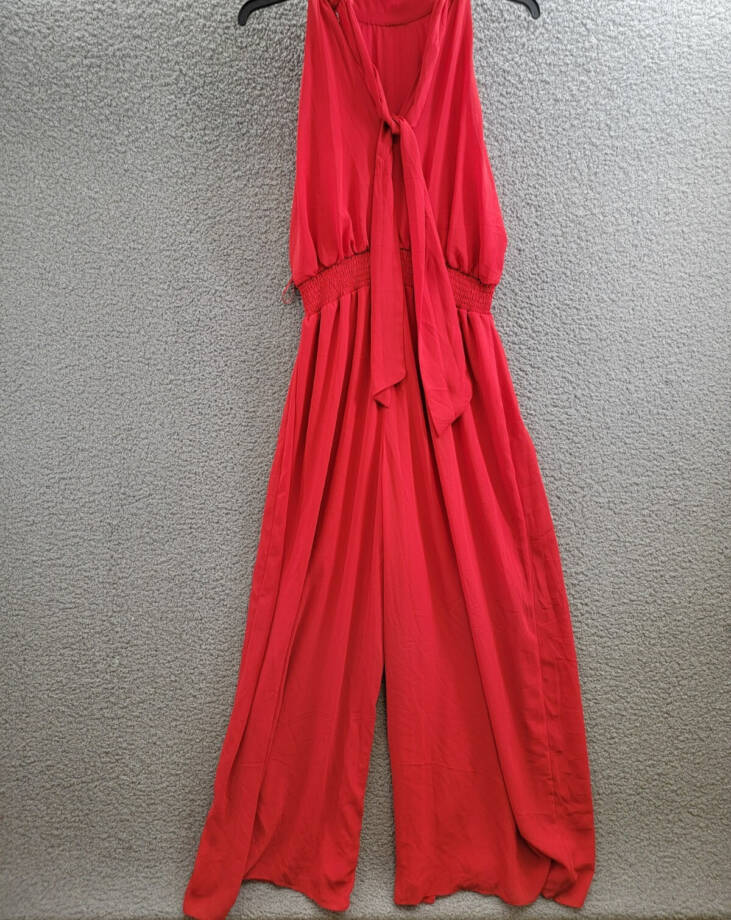 Vince Camuto Halter Tie-Back Wide-Leg Jumpsuit Women's L Ultra Red Back Zip