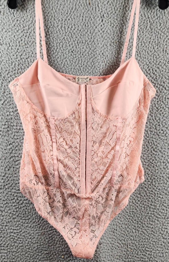 Free People Lace Night Rhythm Bodysuit Women's XL Pink Hook-And-Eye Closure~