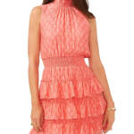 1.STATE Tiered Smocked Waist Dress Women's XXS Shell Pink Ruffled Button Back