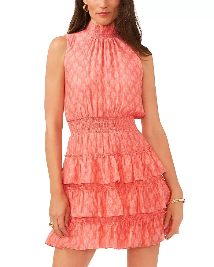 1.STATE Tiered Smocked Waist Dress Women's XXS Shell Pink Ruffled Button Back