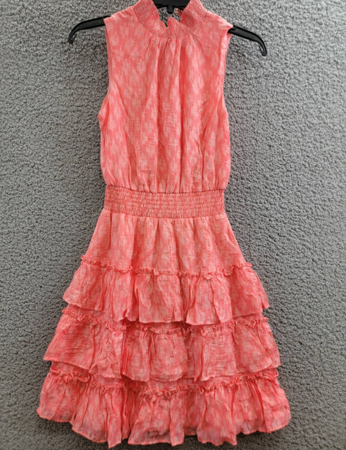 1.STATE Tiered Smocked Waist Dress Women's XXS Shell Pink Ruffled Button Back