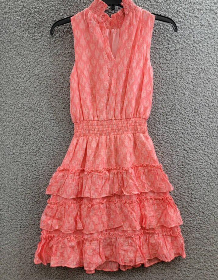 1.STATE Tiered Smocked Waist Dress Women's XXS Shell Pink Ruffled Button Back