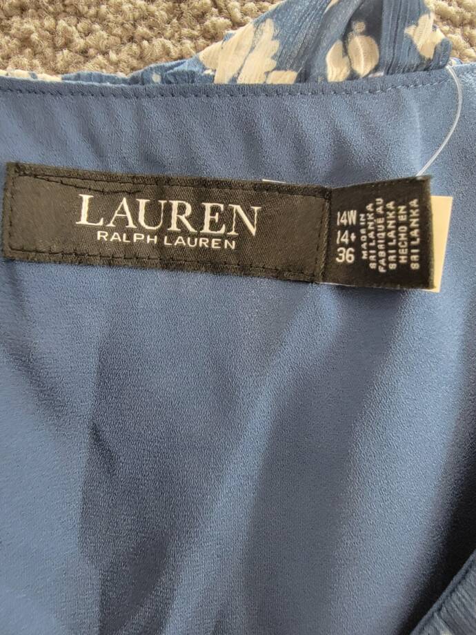 Lauren Ralph Lauren Plus Size Belted Ruffled Dress Women's 14W Blue/White Floral