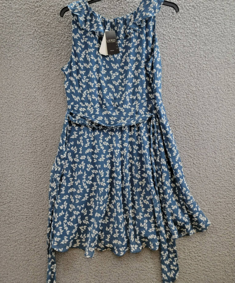 Lauren Ralph Lauren Plus Size Belted Ruffled Dress Women's 14W Blue/White Floral