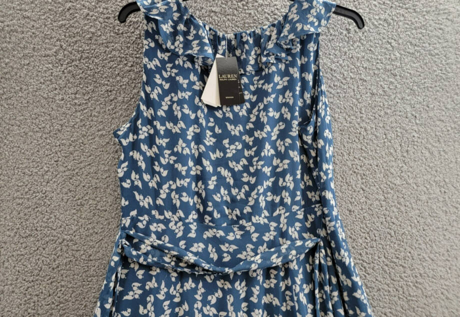 Lauren Ralph Lauren Plus Size Belted Ruffled Dress Women's 14W Blue/White Floral