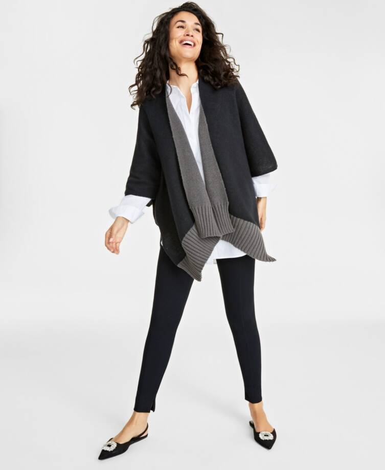 On 34th Tight Knit Reversible Wrap Sweater Women's One Size Black/Gray Rib Hem