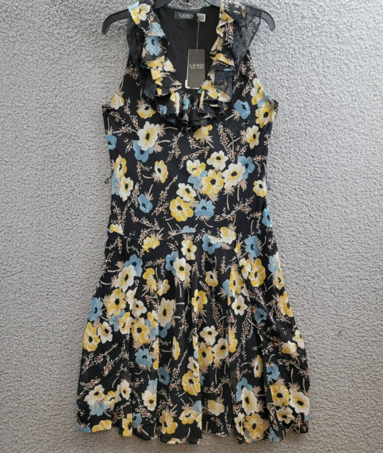 Lauren Ralph Lauren Floral A-Line Dress Women's 8 Black Multi Ruffled Side Zip