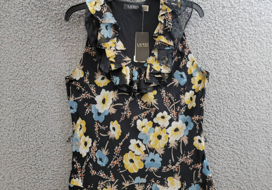 Lauren Ralph Lauren Floral A-Line Dress Women's 8 Black Multi Ruffled Side Zip