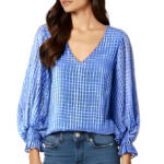Vince Camuto Printed Puff Sleeve Top Women's Medium Oceanside Vneck Pullover