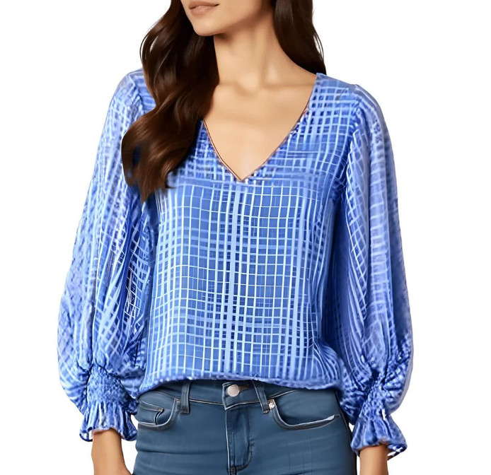 Vince Camuto Printed Puff Sleeve Top Women's Medium Oceanside Vneck Pullover