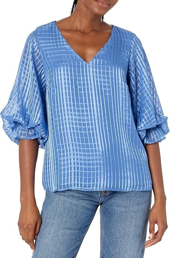 Vince Camuto Printed Puff Sleeve Top Women's Medium Oceanside Vneck Pullover