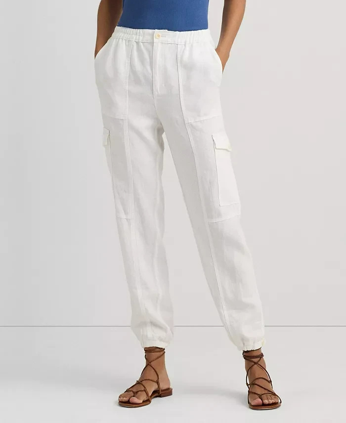 Lauren Ralph Lauren Linen Cargo Pants Women's 6 White Pockets Button Zip Closure