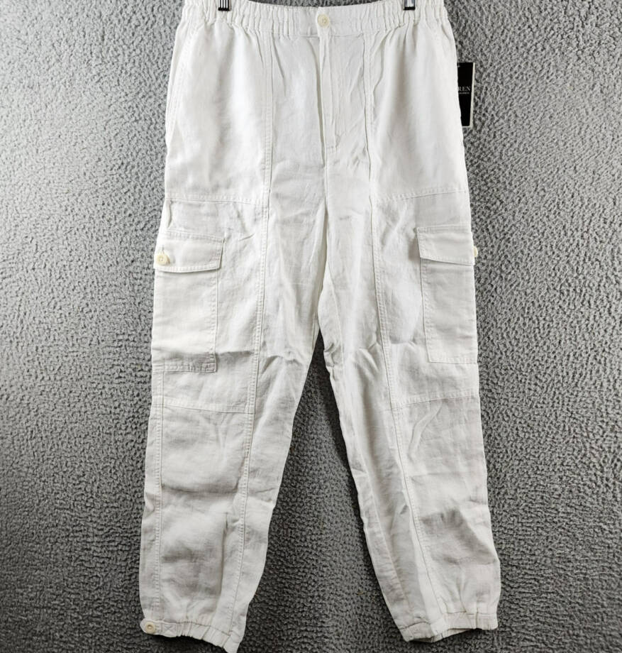 Lauren Ralph Lauren Linen Cargo Pants Women's 6 White Pockets Button Zip Closure
