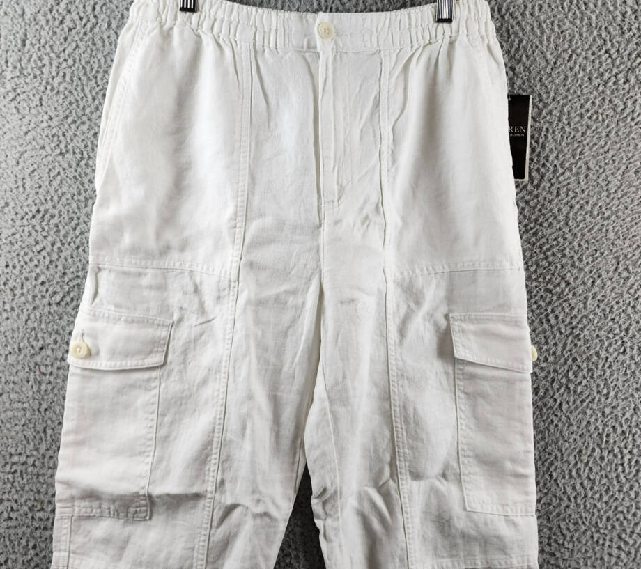 Lauren Ralph Lauren Linen Cargo Pants Women's 6 White Pockets Button Zip Closure