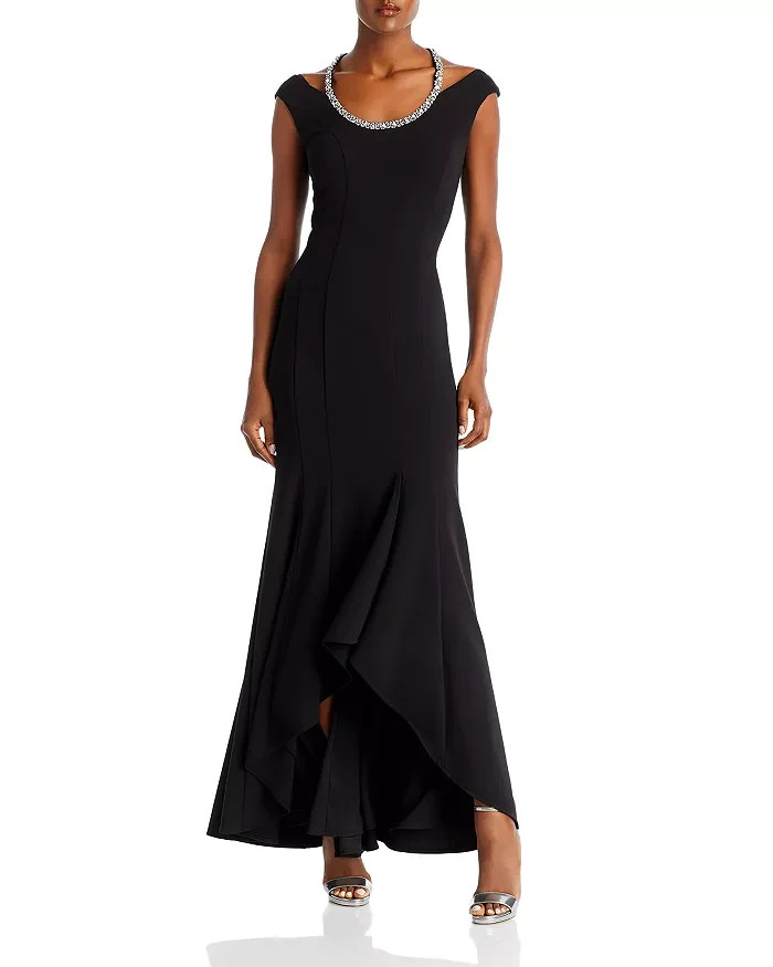 AQUA Embellished Neck Cutout Scuba Gown Women's 12 Black Scoop Neck Back Zip