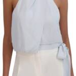 BCBGMAXAZRIA Sleeveless Halter Neck Overdraped Side Tied Blouse Women's S Blue~