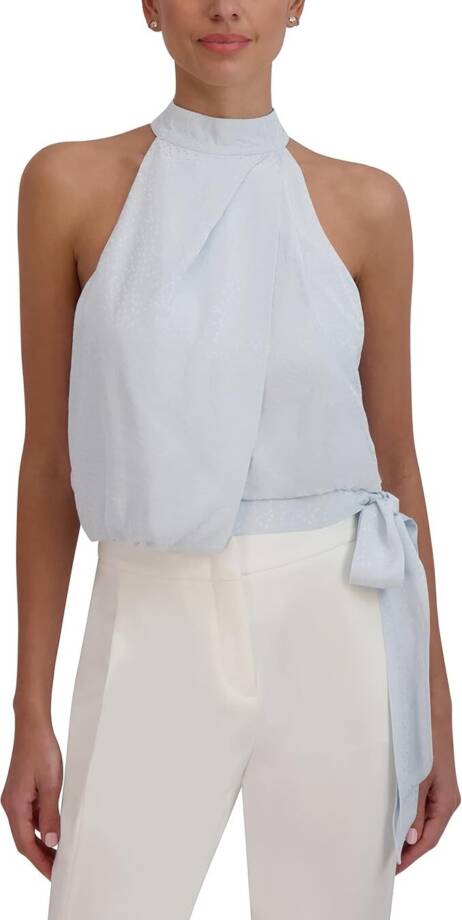 BCBGMAXAZRIA Sleeveless Halter Neck Overdraped Side Tied Blouse Women's S Blue~