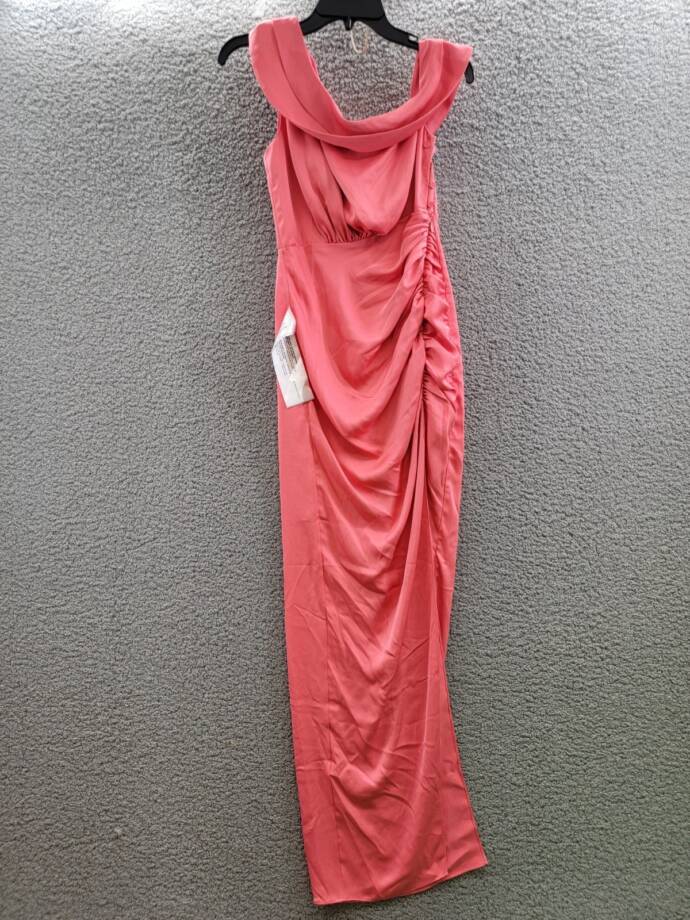 BCBGMAXAZRIA Asymmetric Neck Long Dress Women 8 Coral Side Zip w/ Button Closure