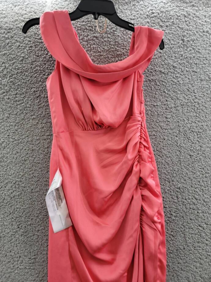 BCBGMAXAZRIA Asymmetric Neck Long Dress Women 8 Coral Side Zip w/ Button Closure