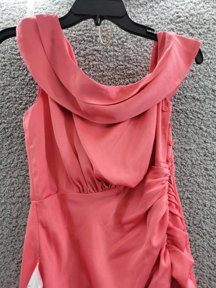 BCBGMAXAZRIA Asymmetric Neck Long Dress Women 8 Coral Side Zip w/ Button Closure