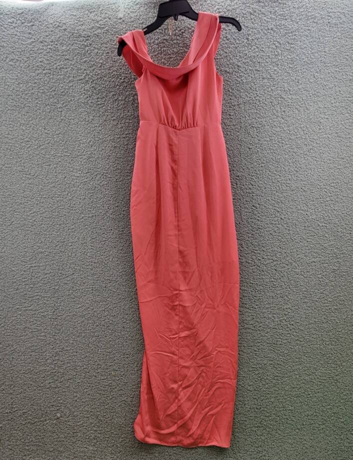 BCBGMAXAZRIA Asymmetric Neck Long Dress Women 8 Coral Side Zip w/ Button Closure