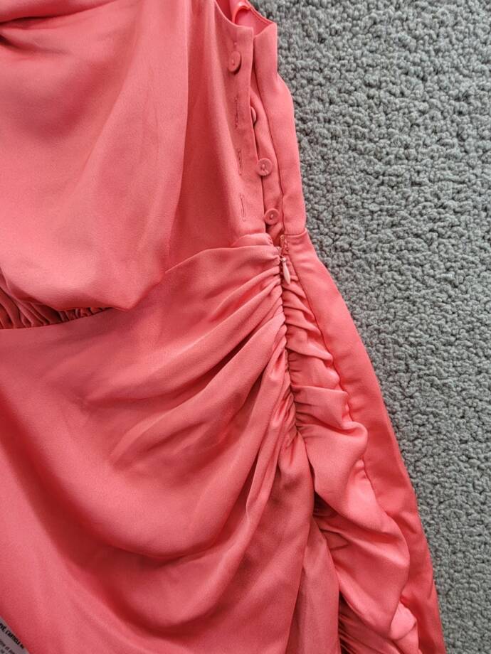 BCBGMAXAZRIA Asymmetric Neck Long Dress Women 8 Coral Side Zip w/ Button Closure