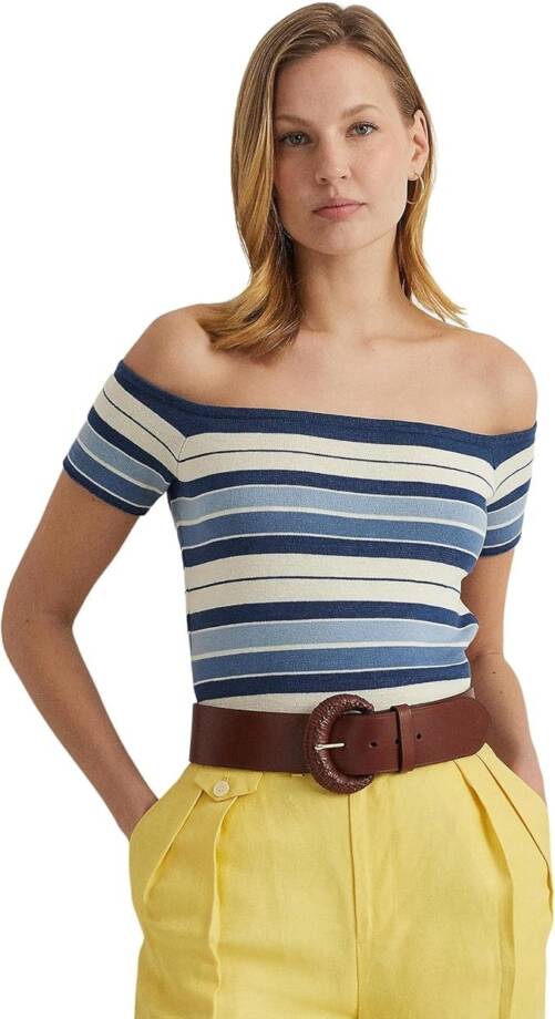 Lauren Ralph Lauren Striped Off-the-Shoulder Sweater Top Women L Multi Pullover
