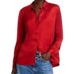French Connection Ennis Satin Button- Up Shirt Women's S Wine Button Closure