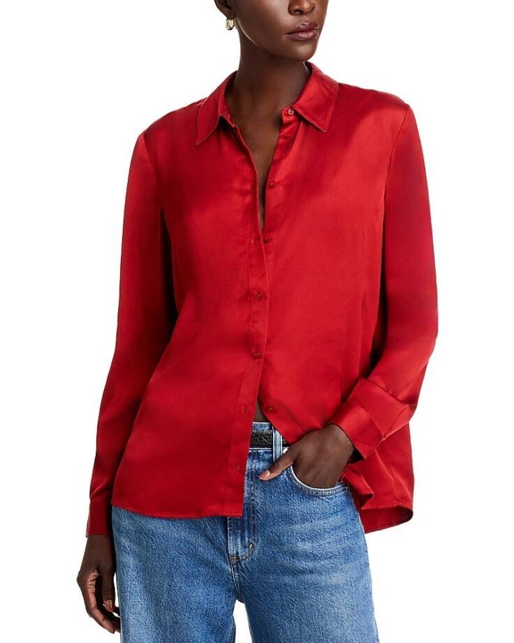 French Connection Ennis Satin Button- Up Shirt Women's S Wine Button Closure