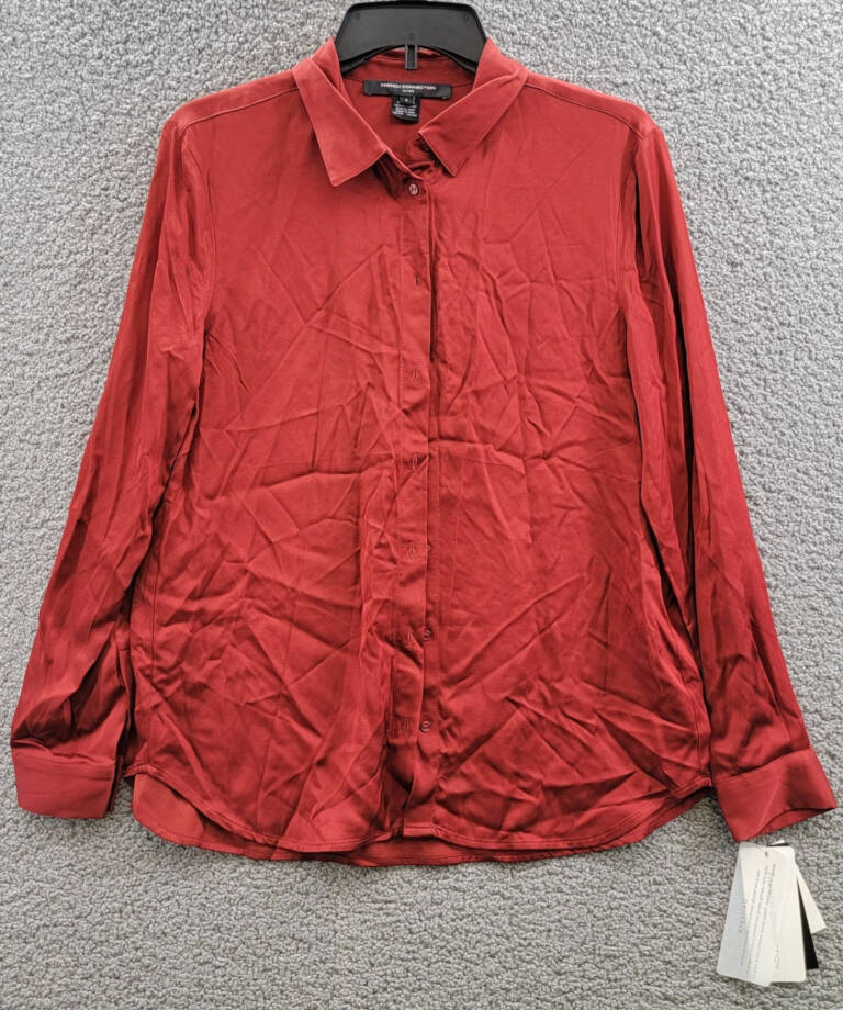 French Connection Ennis Satin Button- Up Shirt Women's S Wine Button Closure